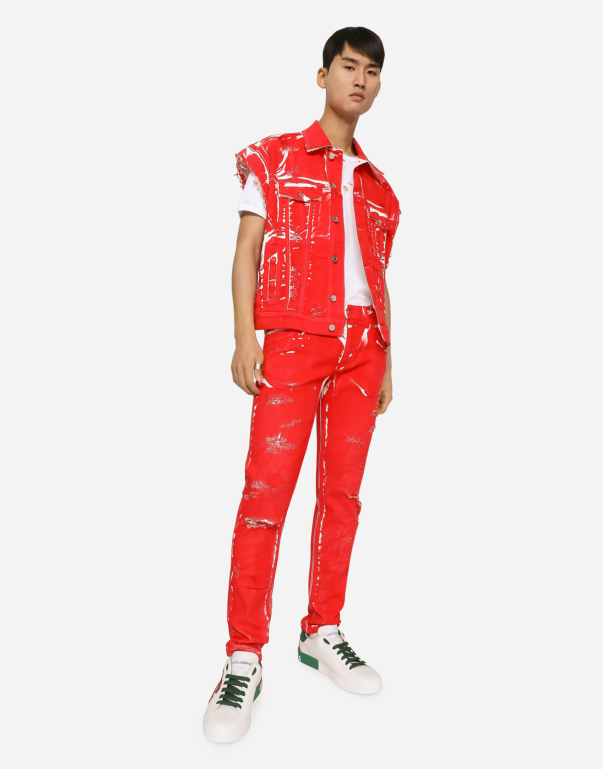 Overdyed sleeveless stretch denim jacket in Red for