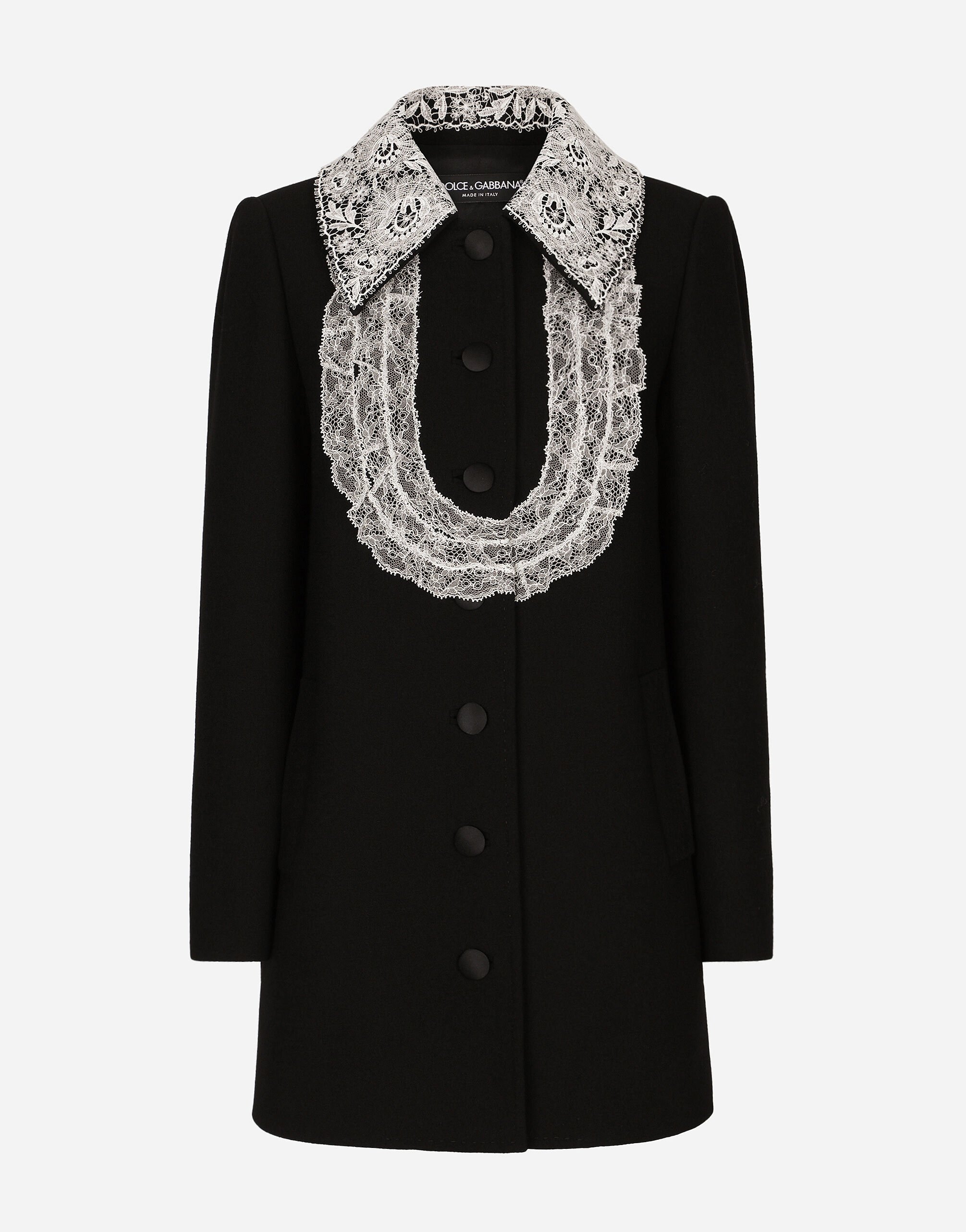 Dolce & Gabbana Kurzer Mantel aus Wolle mit Spitzendetails Black F0D1OTFUMG9
