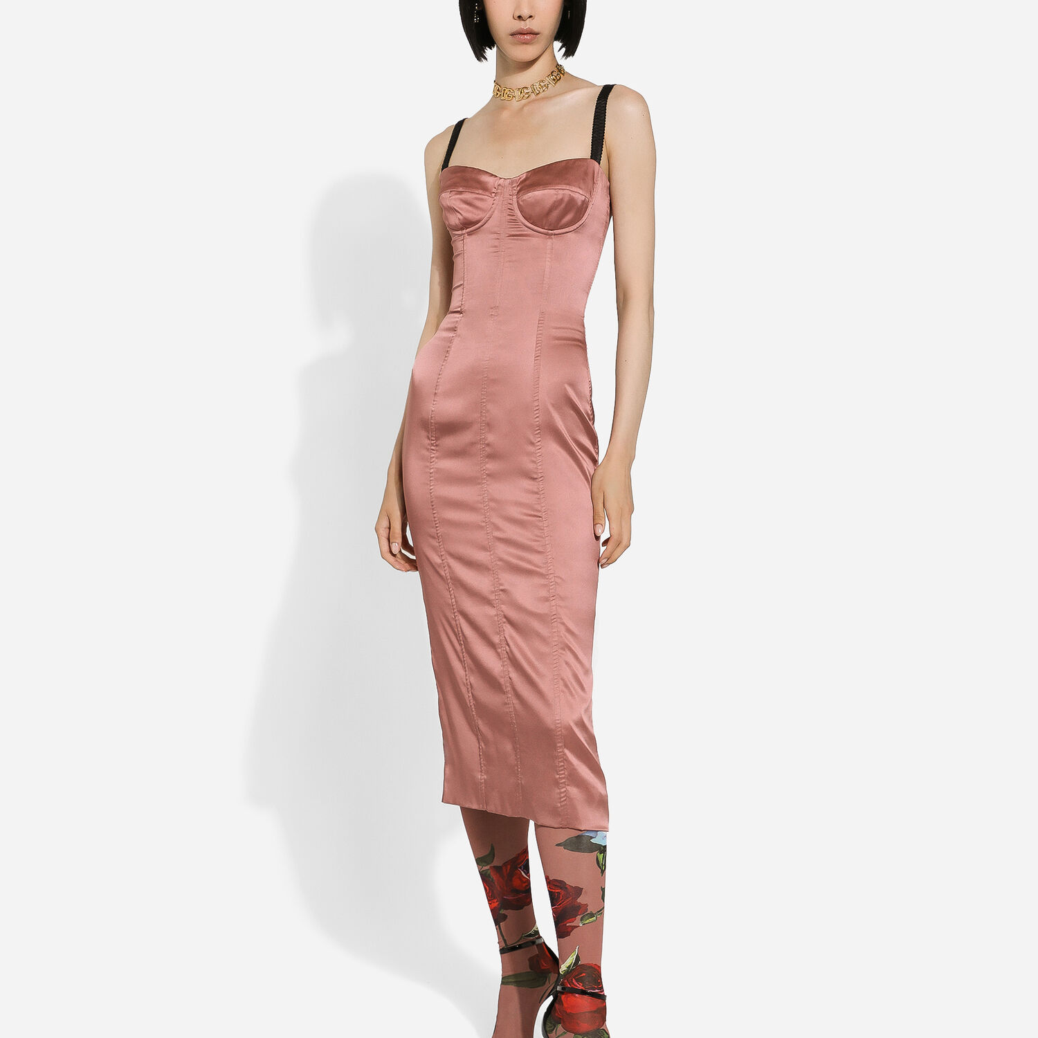 Satin calf-length corset dress in Pink for