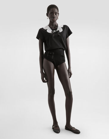 Dolce & Gabbana Jersey T-shirt with macramé collar, bow detail and DG logo Black F8V50ZGDC5S