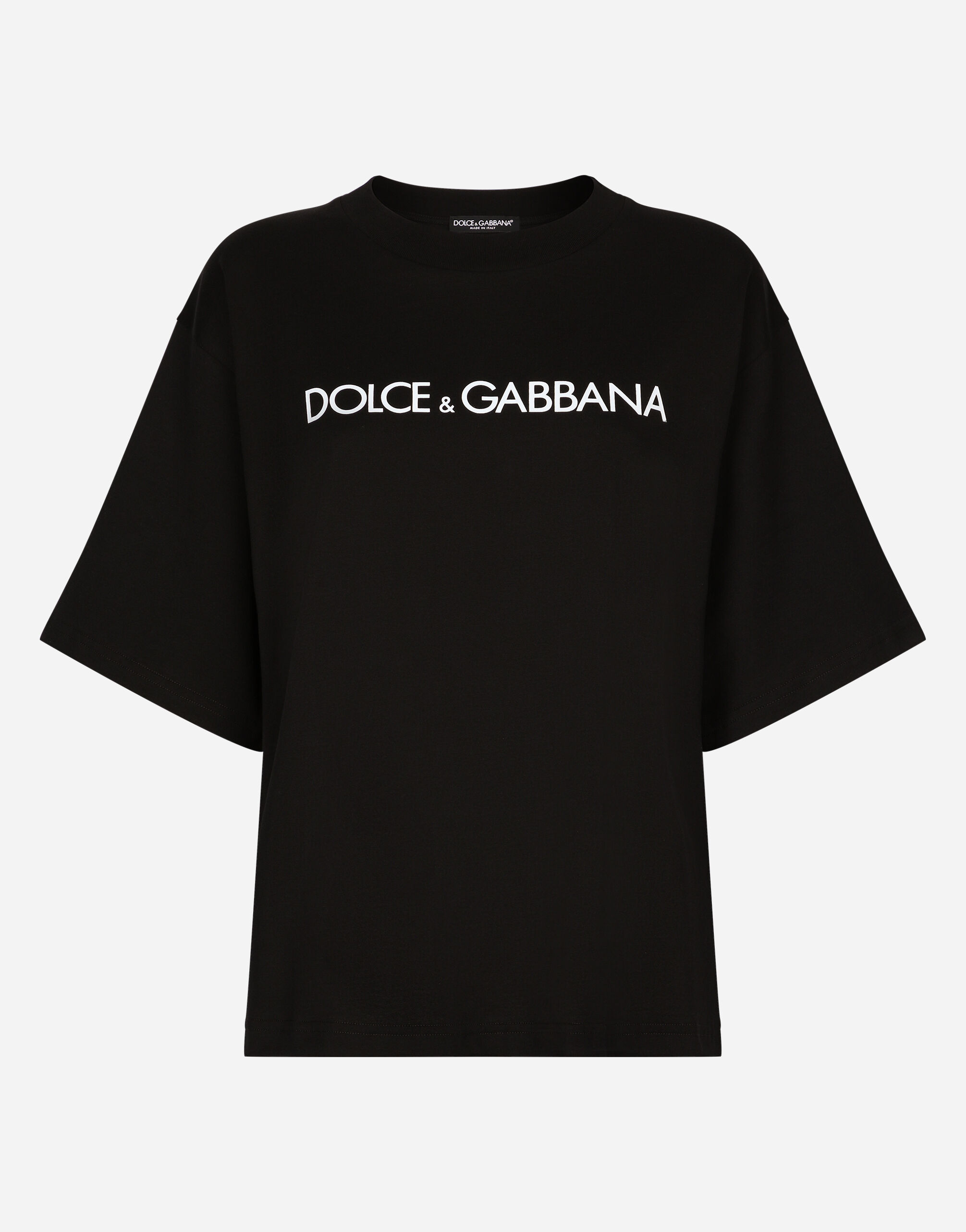 Dolce & Gabbana Kurzarm-T-Shirt aus Baumwolle mit Dolce&Gabbana-Schriftzug Weiss F8T00ZGDCBT