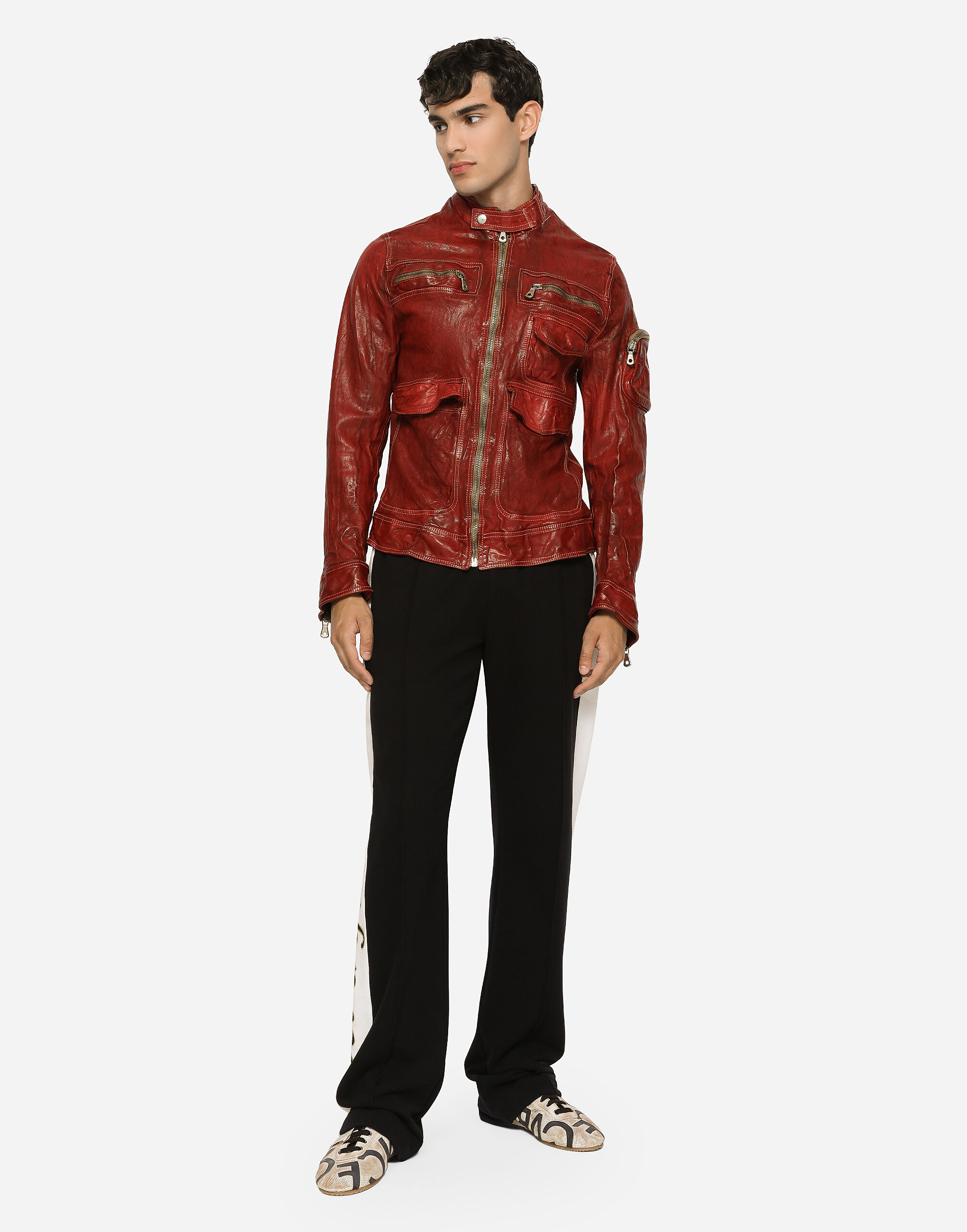 Multi-pocket washed leather jacket in Bordeaux for Men