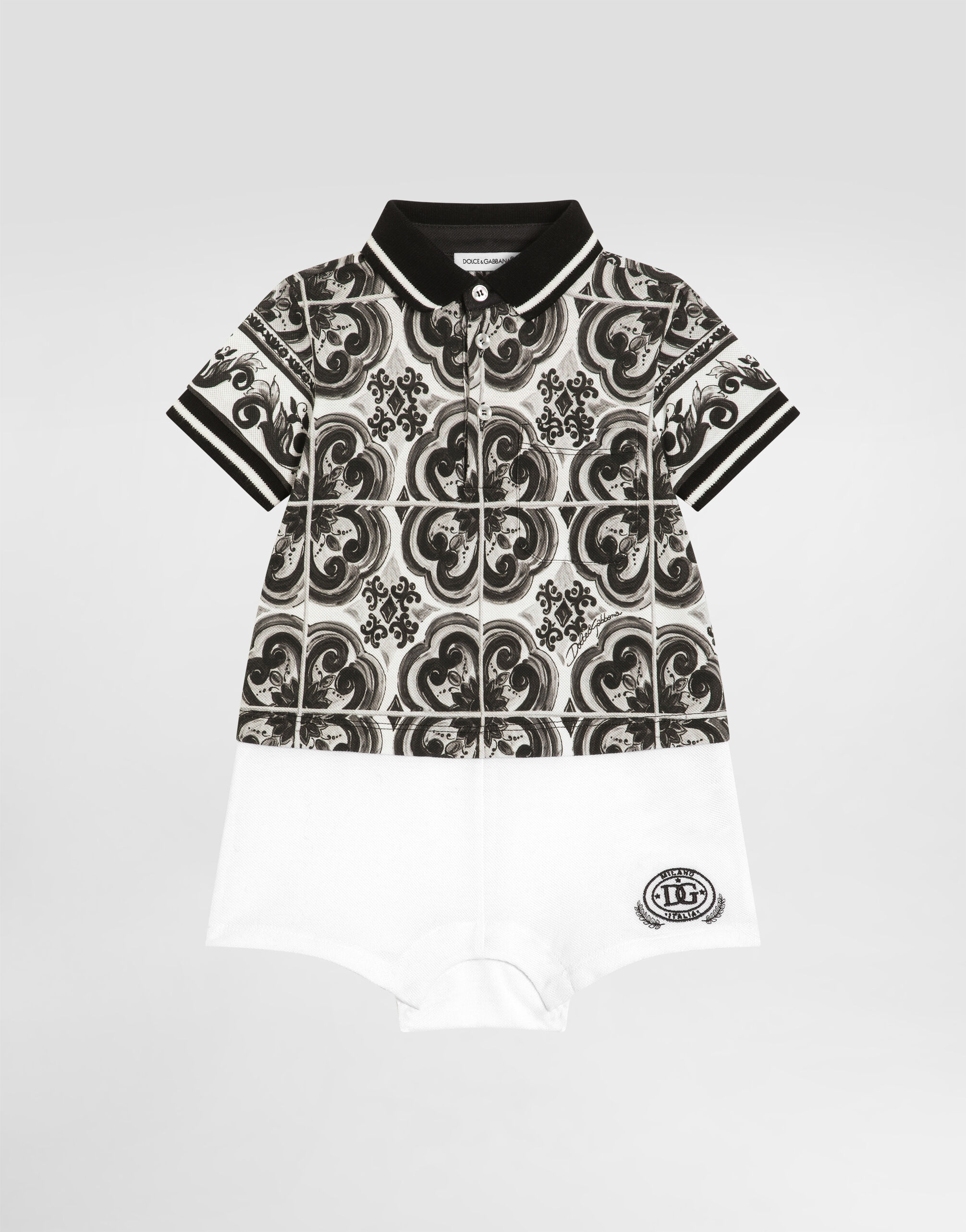 Majolica-print short-sleeved piqué romper with DG embroidery in