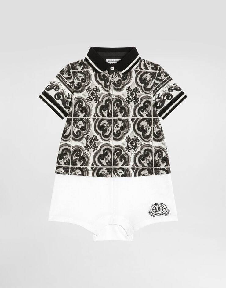 Dolce & Gabbana Majolica-print short-sleeved piqué romper with DG embroidery Multicolor L1JO7AG7PCD