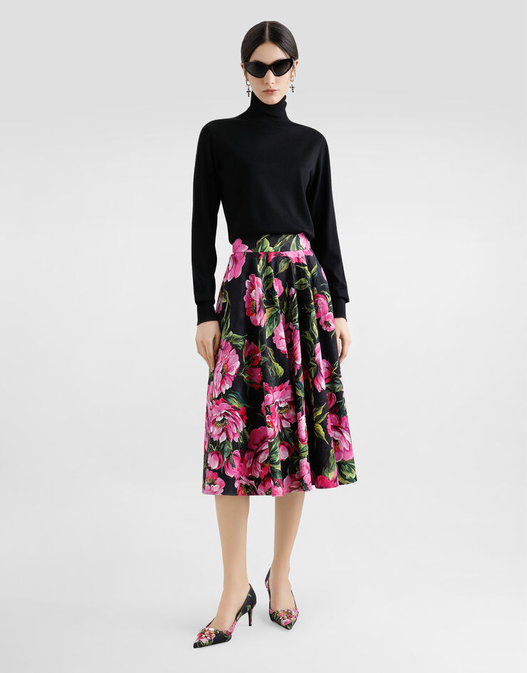 Dolce & Gabbana Longuette-Tellerrock aus Baumwolle Pfingstrosen-Print Drucken F4C2ITFSFN9