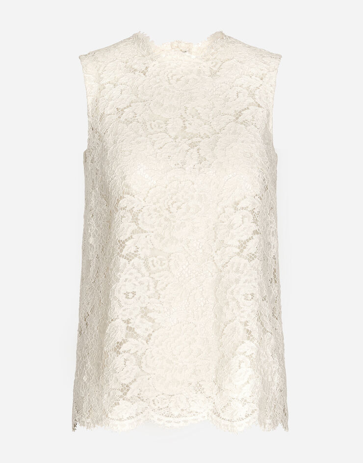 Dolce & Gabbana Top aus elastischer Spitze mit Logo Weiss F73G9TFLRE1