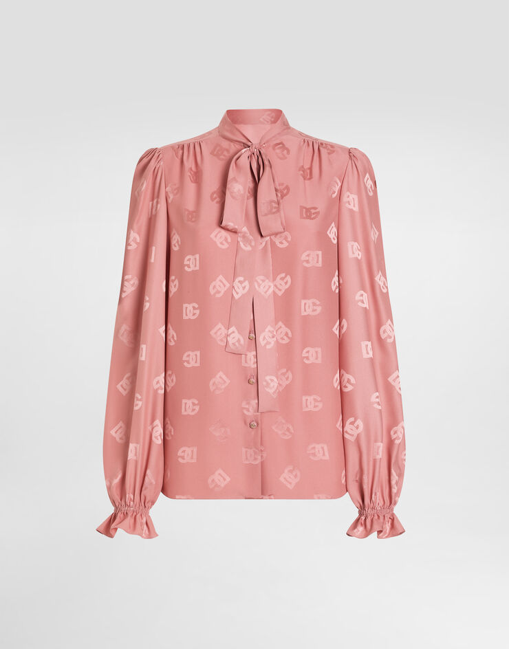 Dolce & Gabbana Silk jacquard pussy-bow shirt with DG logo Pink F5T40TFJ1JO