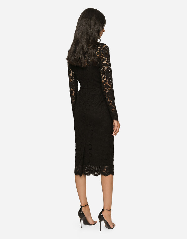 Dolce & Gabbana Long-sleeved calf-length dress in branded stretch lace Black F6M0DTFLRE1