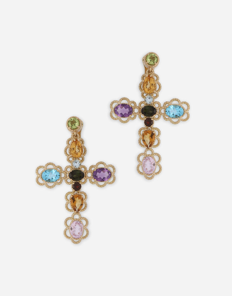 Dolce & Gabbana Boucles d’oreilles croix en or jaune 18 ct avec pierres colorées Or Jaune WEQR4GWMIX1