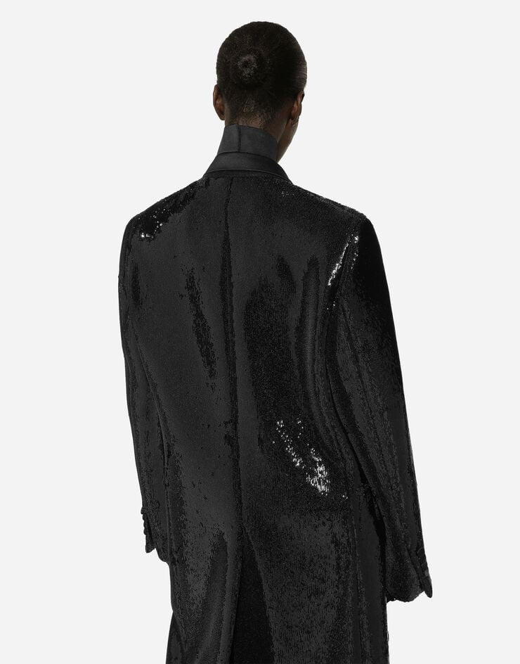 Dolce & Gabbana 微型亮片刺绣双排扣大衣 黑 F0W1ATFLGAF