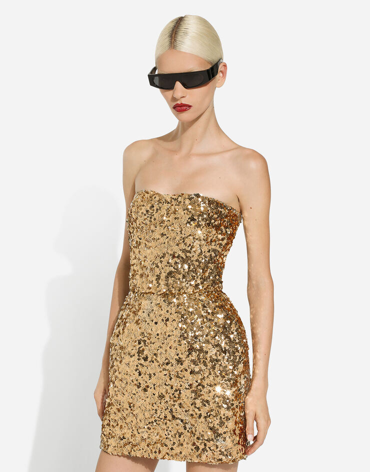 Dolce & Gabbana Short sequined strapless dress Gold F6DFCTFLMII