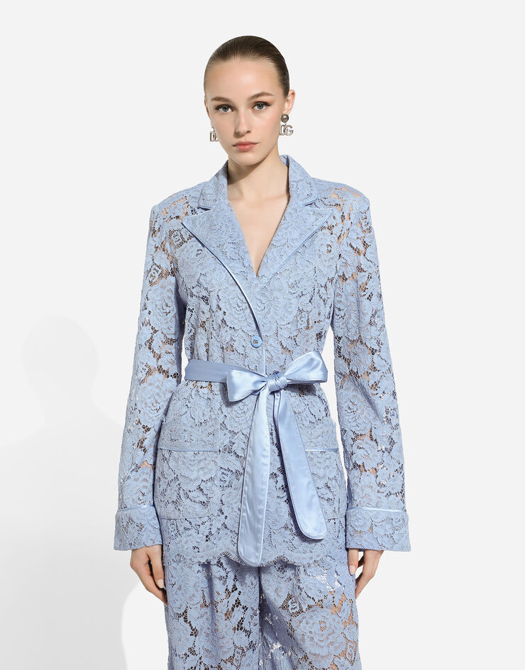 Dolce & Gabbana Pyjamabluse aus floraler Kordelspitze mit DG-Logo Azurblau F5R56THLM7L