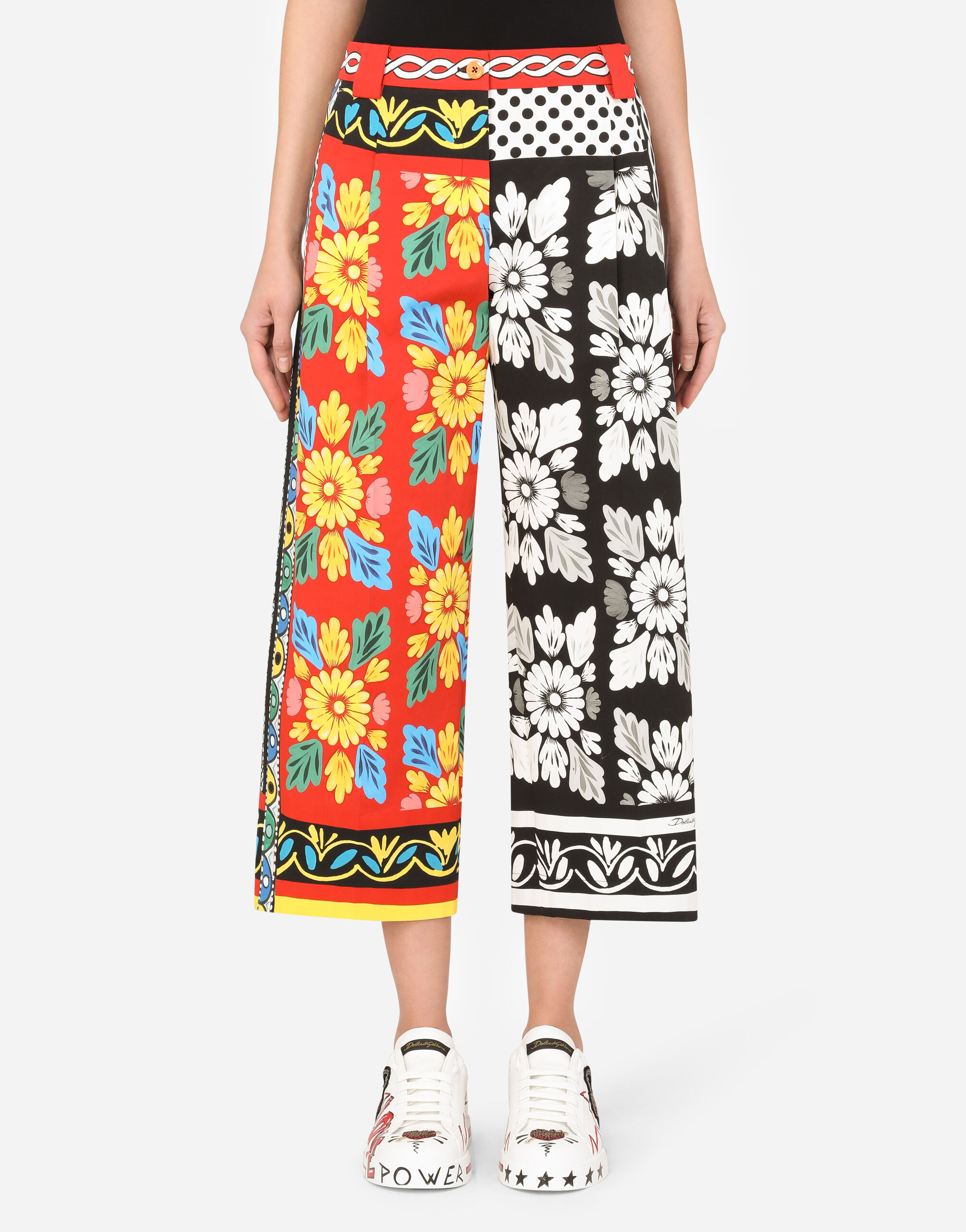 Patchwork-print drill culottes