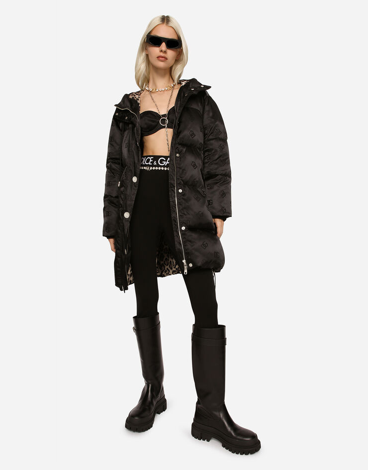 Dolce & Gabbana Long satin down jacket with all-over DG logo Black F9P49TFJSCE