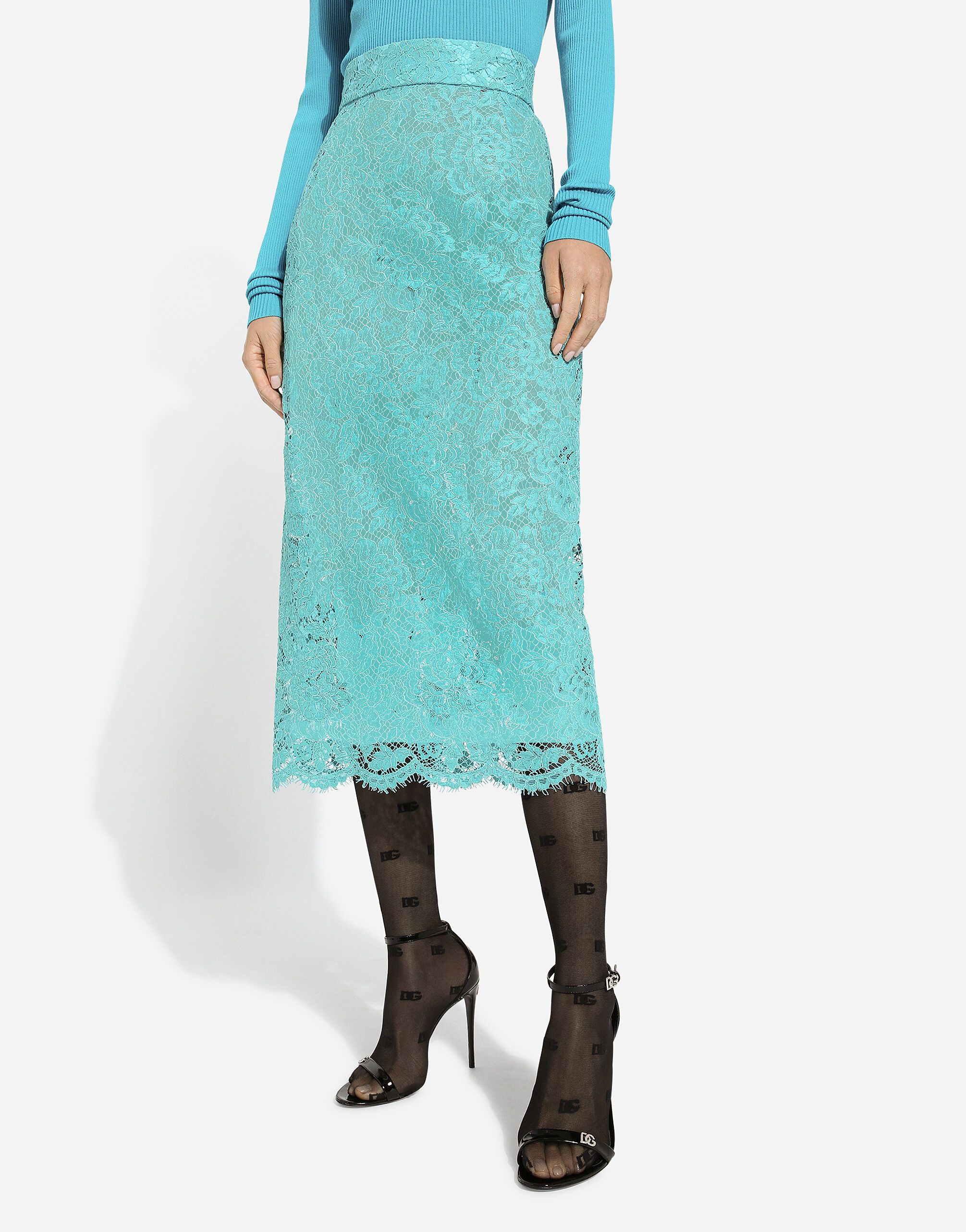 Branded floral cordonetto lace pencil skirt in Turquoise for Women Dolce Gabbana US