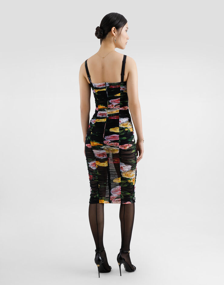 Dolce & Gabbana Tulle calf-length slip dress with draping and peony and rose print Print F6FAKTFSUBI