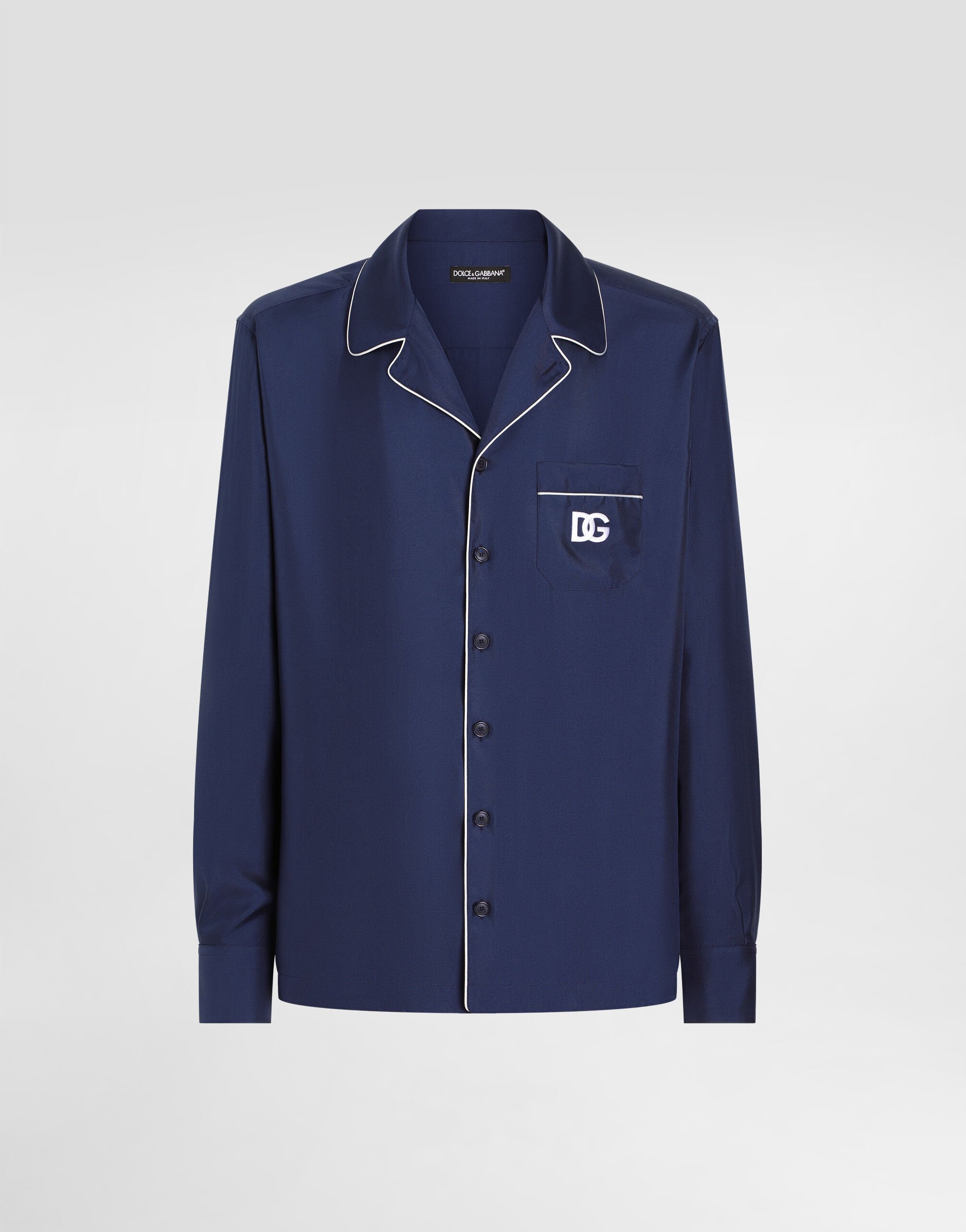 Tシャツ・カットソー Dolce & Gabbana SS25 Silk shirt (G5IF1ZFU1AU W0001) Silk shirt with DG logo-embroidered patch in Blue for Men