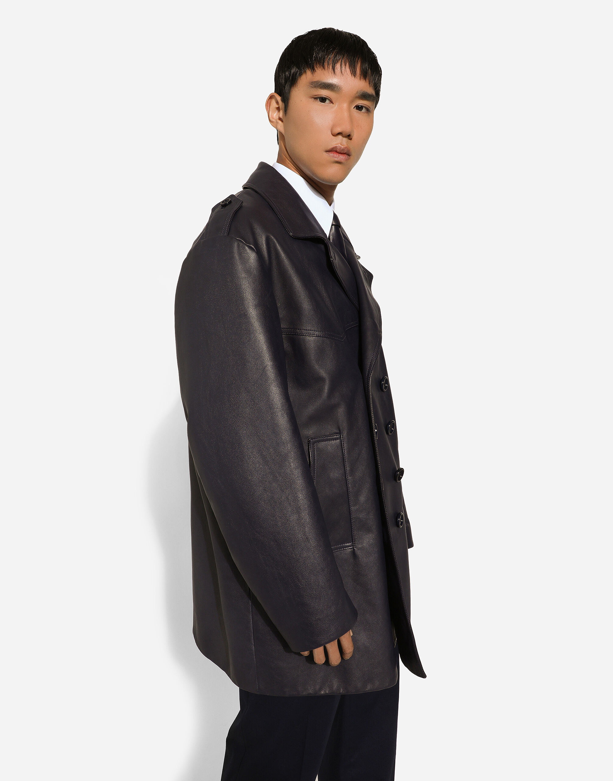 激安通販サイト leather Double-breasted pea Men for Blue in coat ジャケット・アウター
