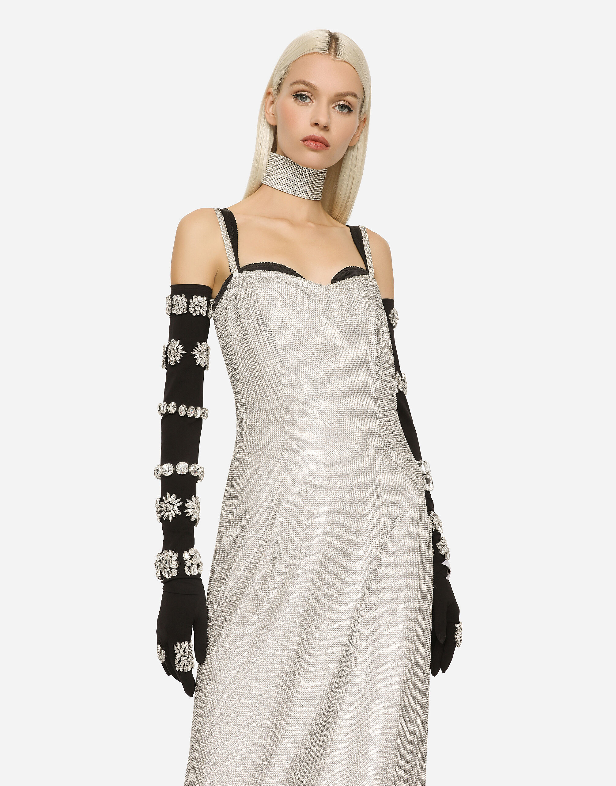 KIM DOLCE&GABBANA Long crystal mesh slip dress in Multicolor