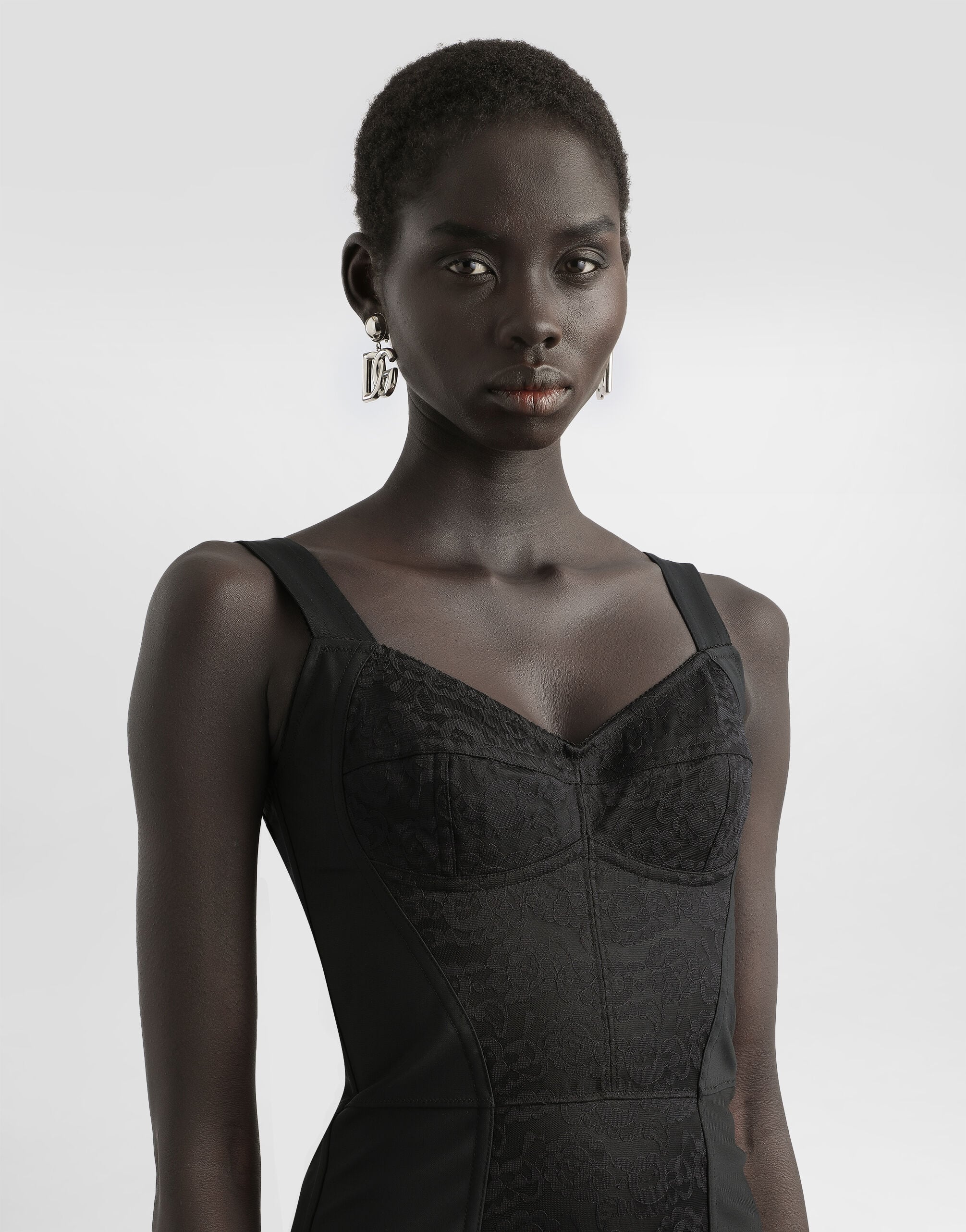 Corset-style midi dress in powernet and lace in Black for Women