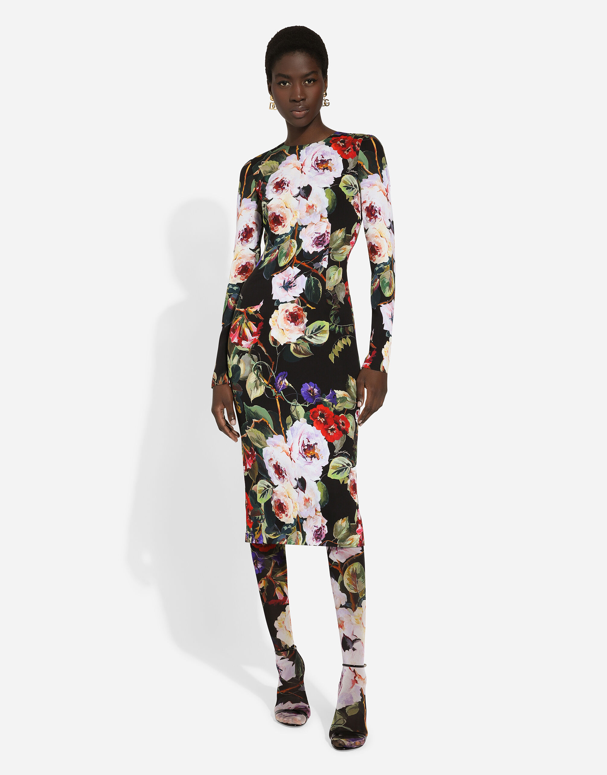 Charmeuse sheath dress with rose garden print in Print for Women