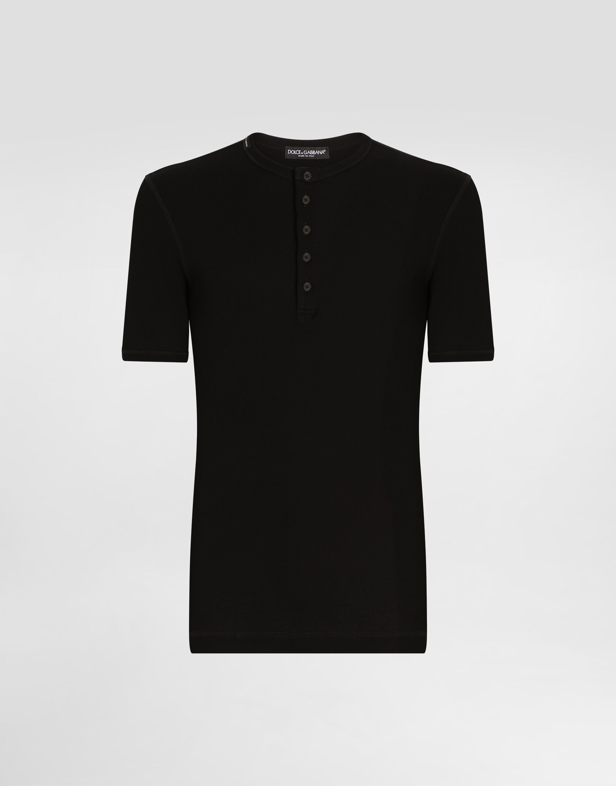 ブラックのメンズ Fine-rib cotton granddad-neck t-shirt