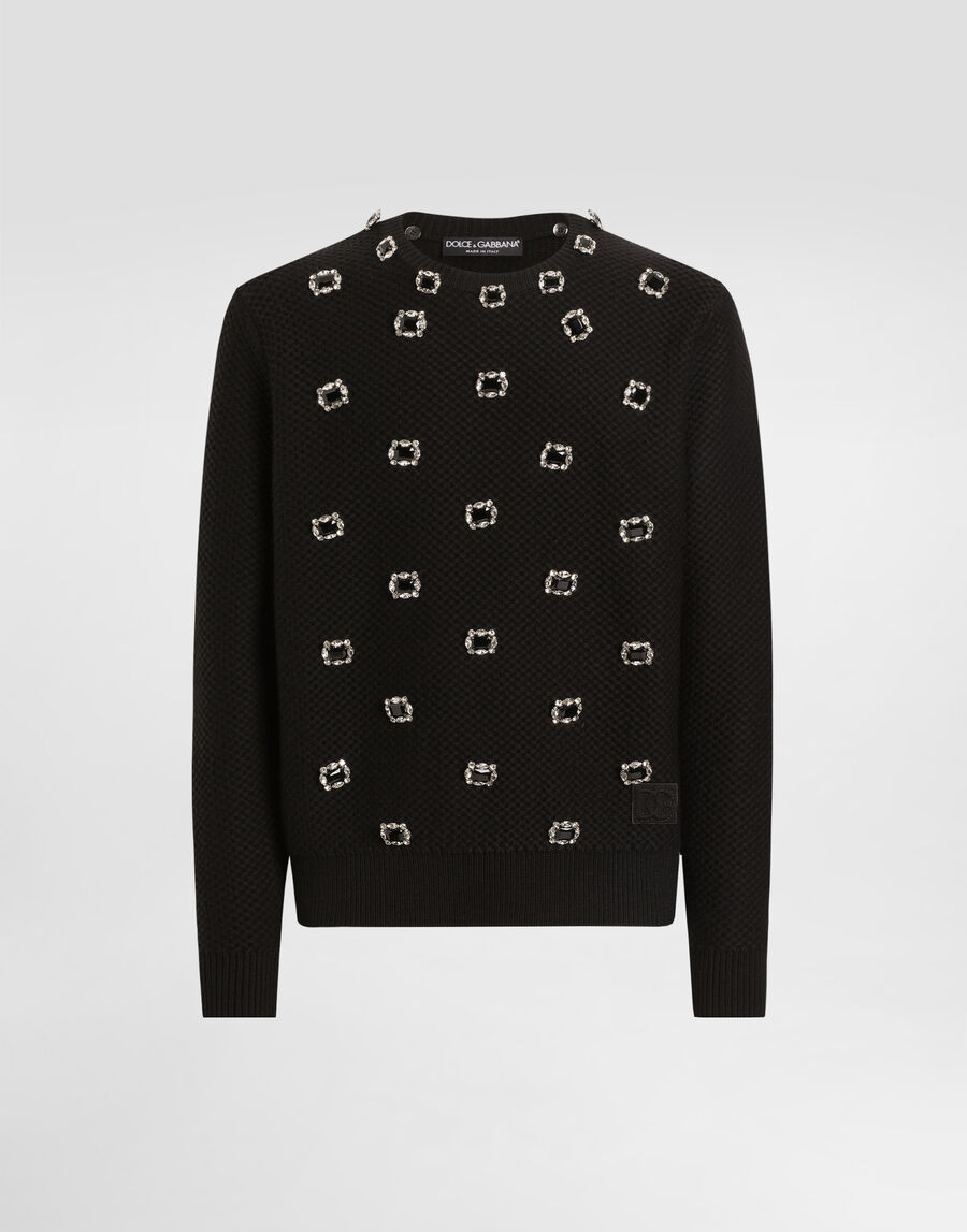 Wool round-neck sweater with embroidery and bejeweled buttons