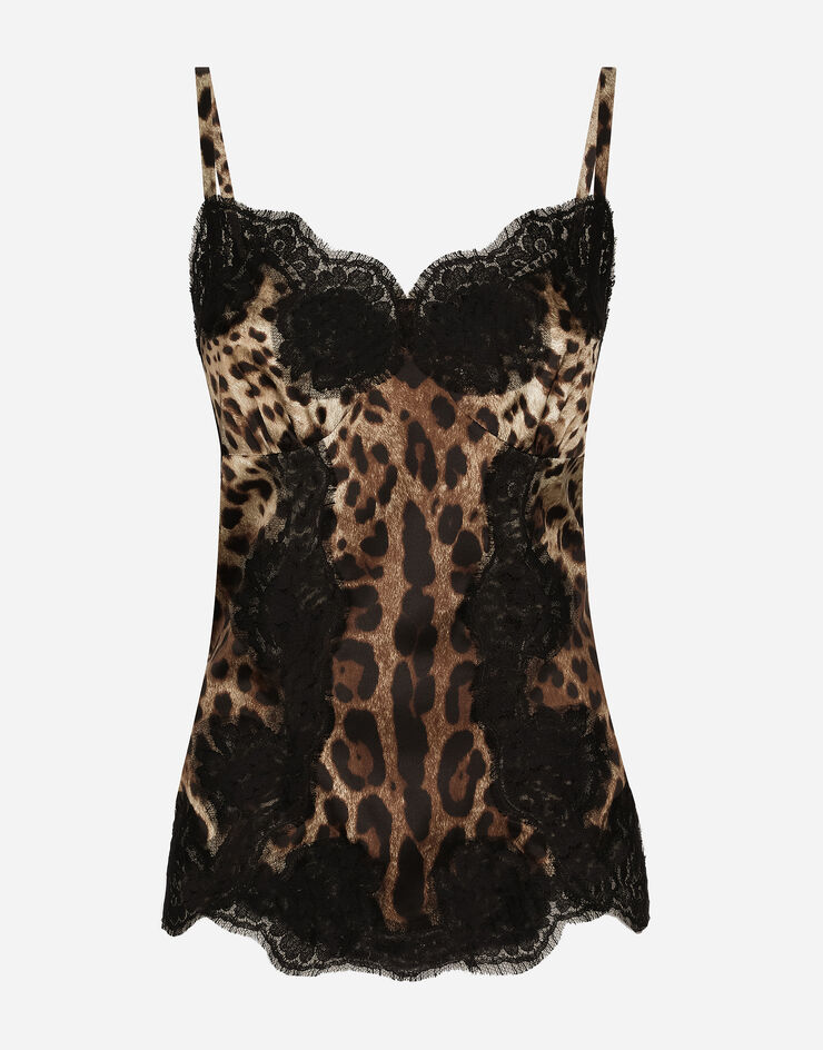 Dolce & Gabbana Top de raso con estampado de leopardo y aplicaciones de encaje Estampado Animalier F72K9TFSAXY