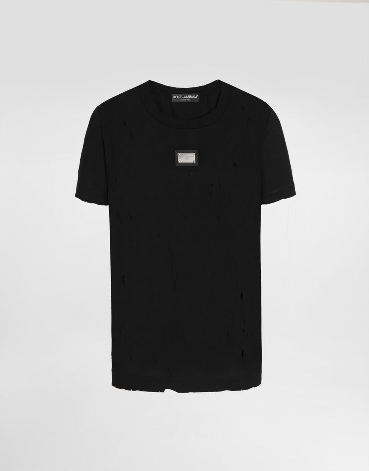 Dolce&Gabbana Camiseta de punto con rotos y placa Dolce&Gabbana Negro F8T00TG7H4U