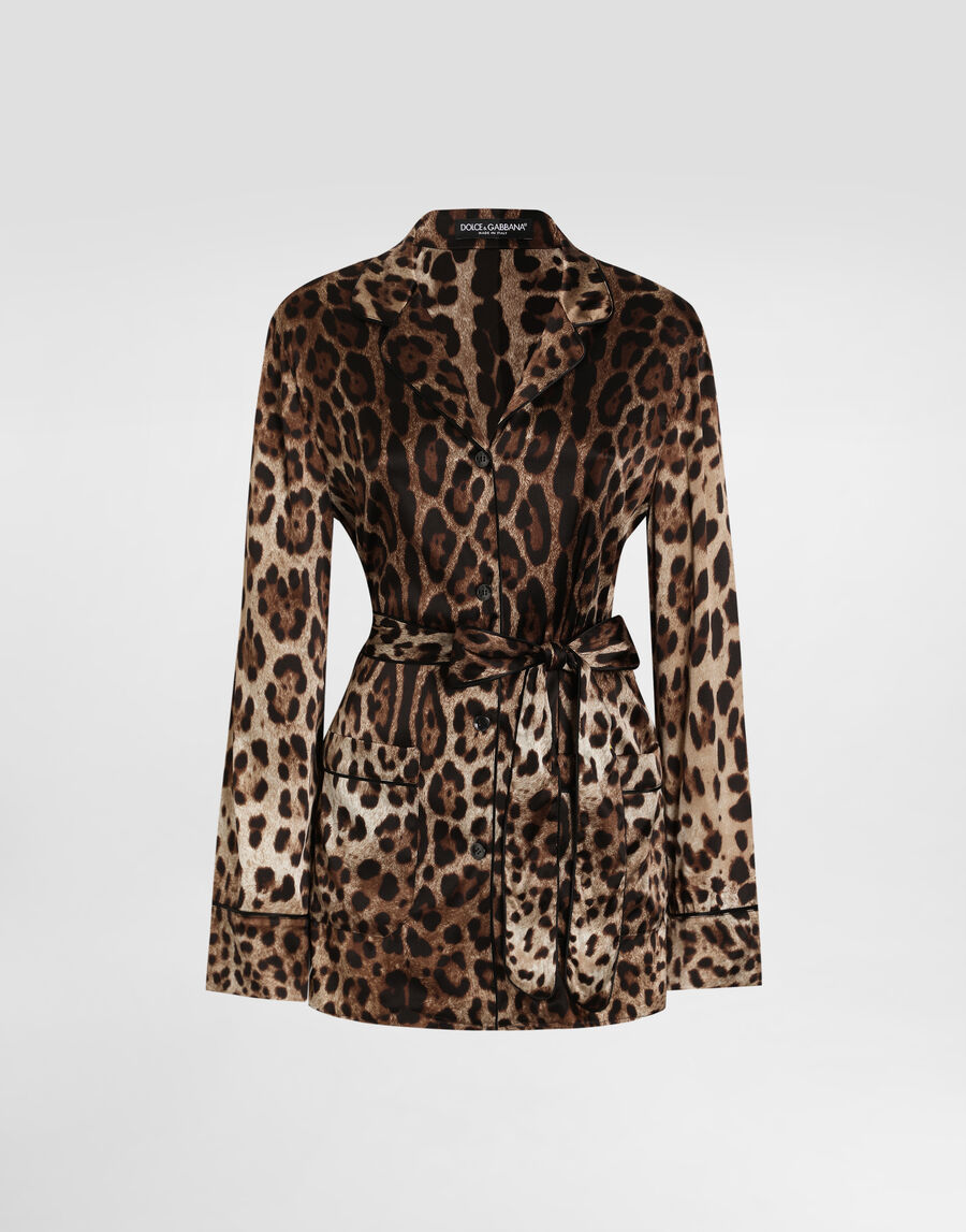 Leopard-print satin pajama shirt with belt
