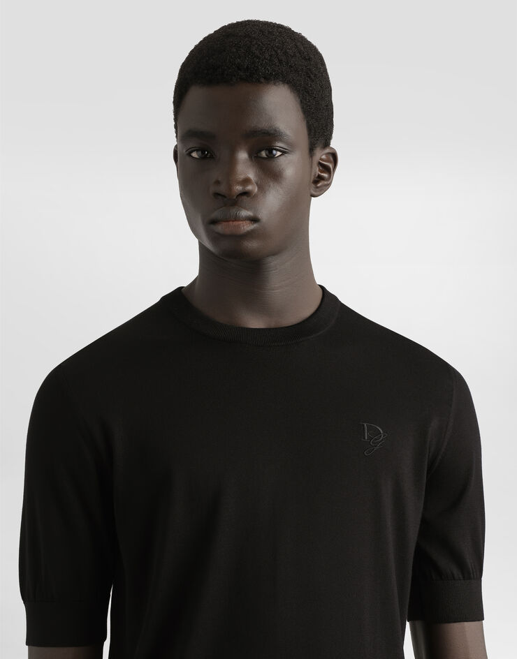 Dolce & Gabbana Silk round-neck sweater with DG embroidery Black GXX03ZJBSK3