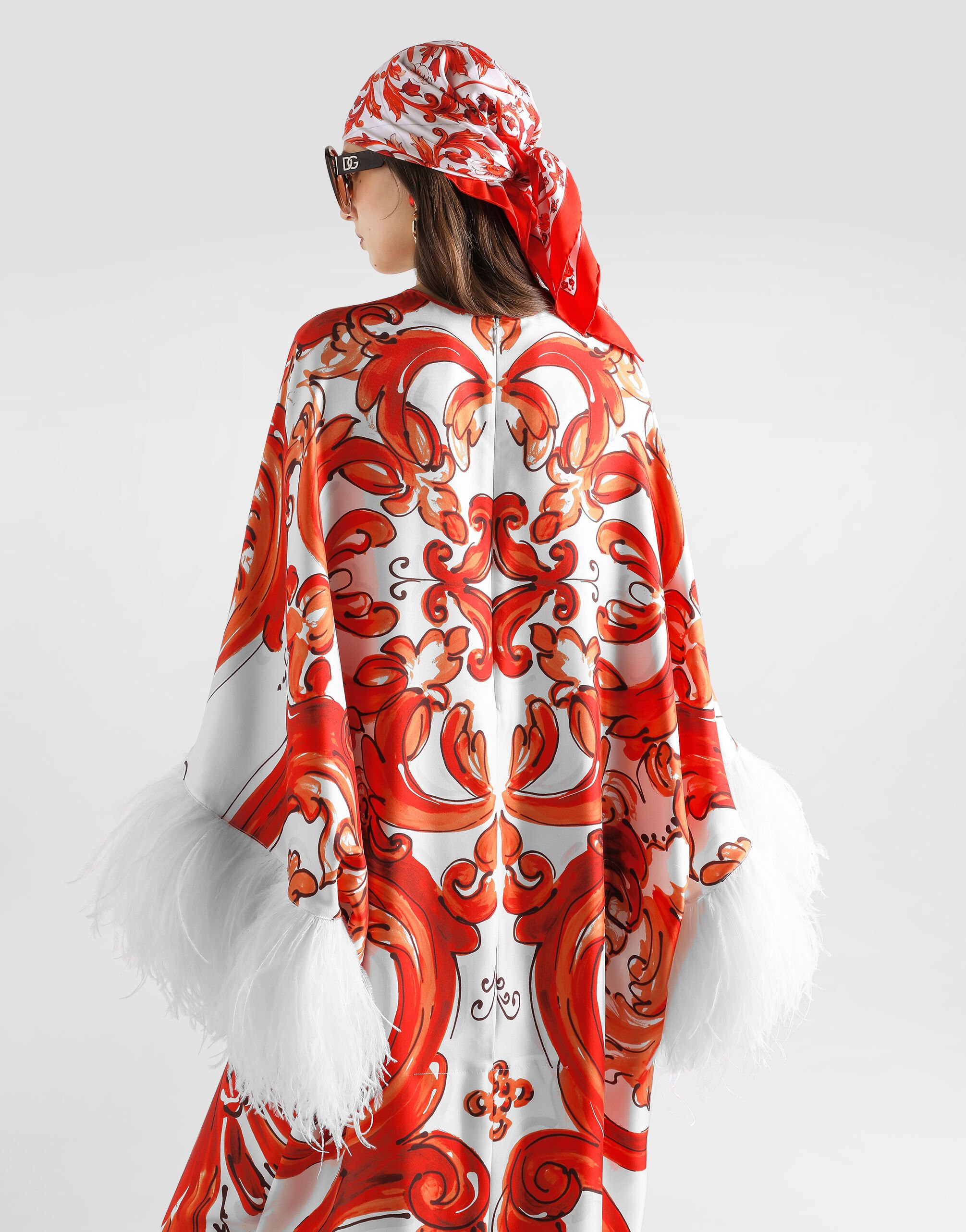 Majolica-print long kaftan dress with feather trim in Multicolor