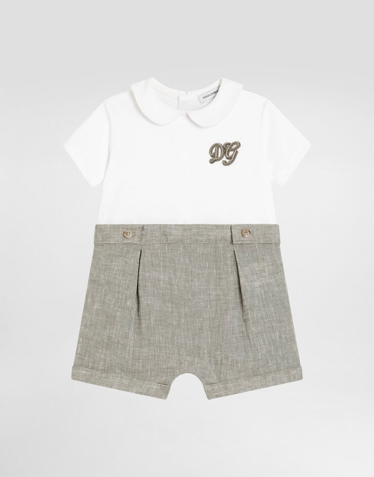 Dolce & Gabbana Interlock and linen romper with DG embroidery Multicolor L1JOBXG7P5R