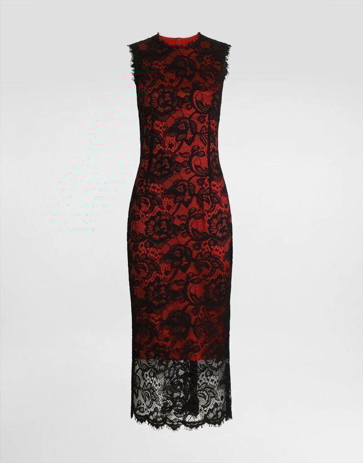 Dolce & Gabbana Abito longuette a tubino in pizzo floreale con fodera a contrasto Nero F6JSKTILMBJ