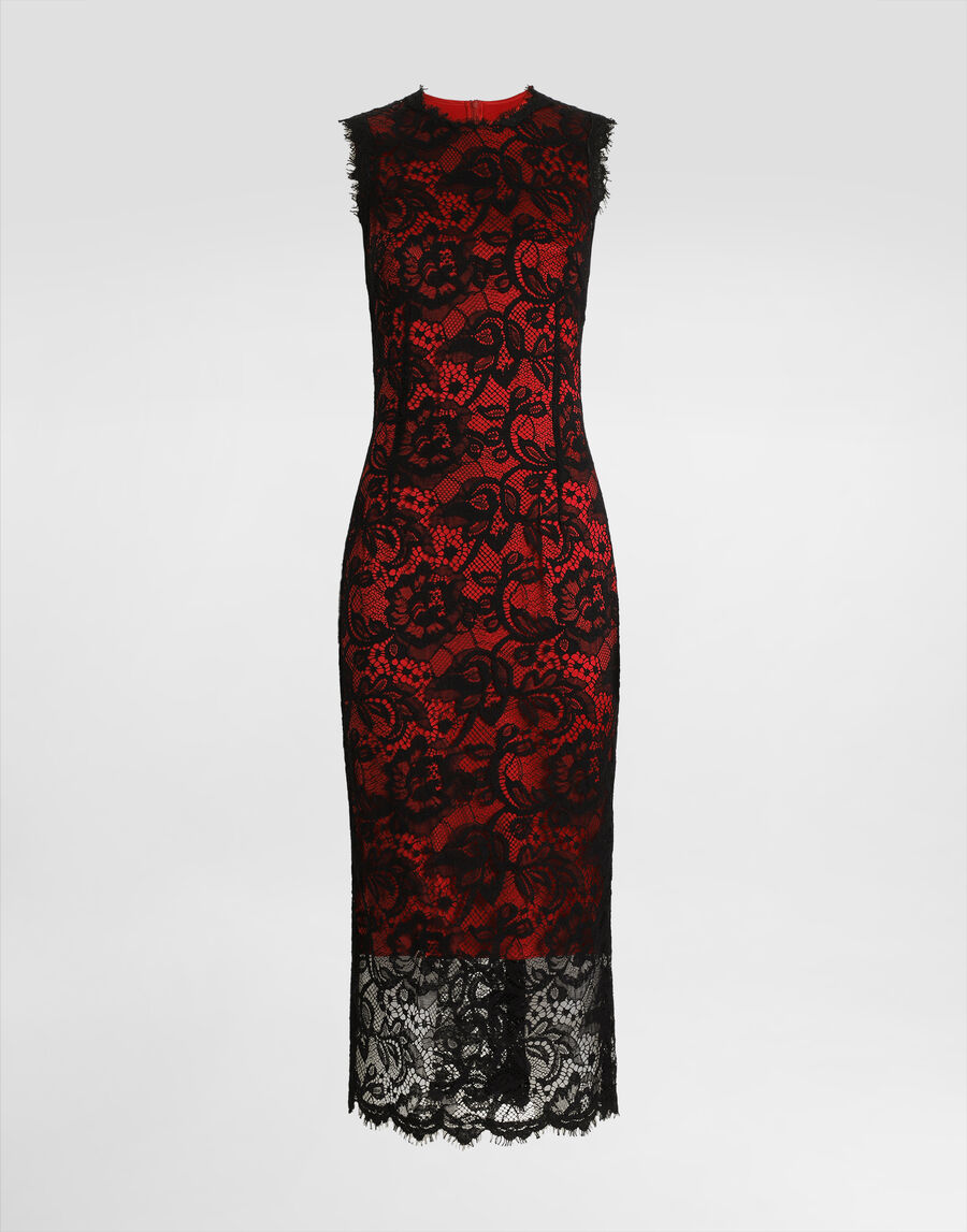 Calf-length floral lace sheath dress with contrasting lining