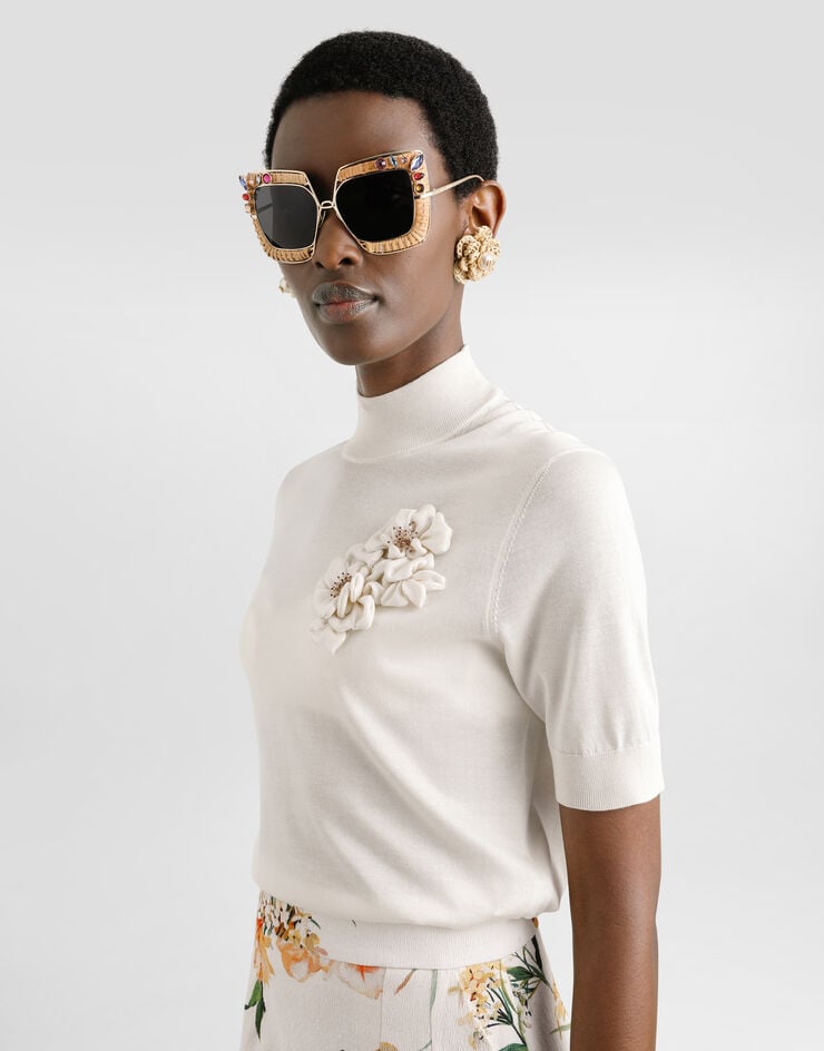 Dolce & Gabbana Silk pullover with flower brooch White FXW52ZJBSO1