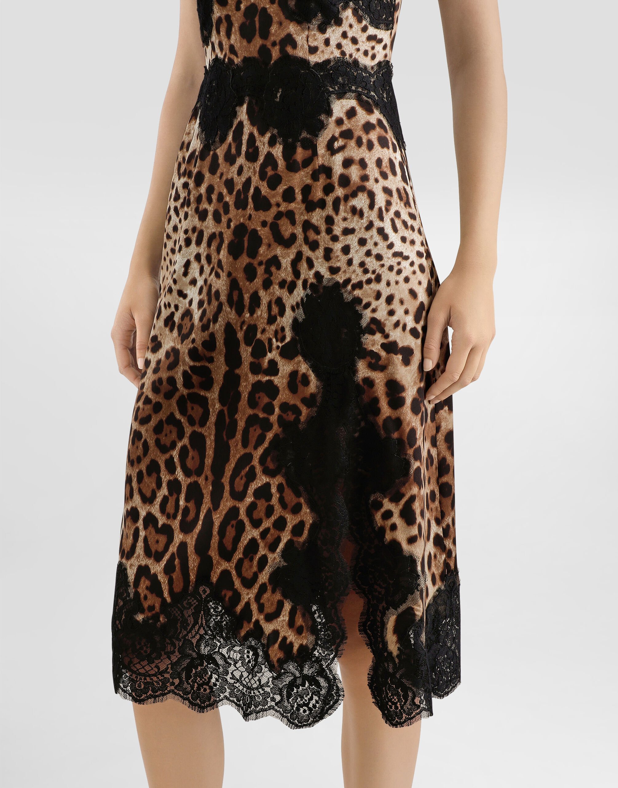 Leopard-print satin midi lingerie-style dress with lace