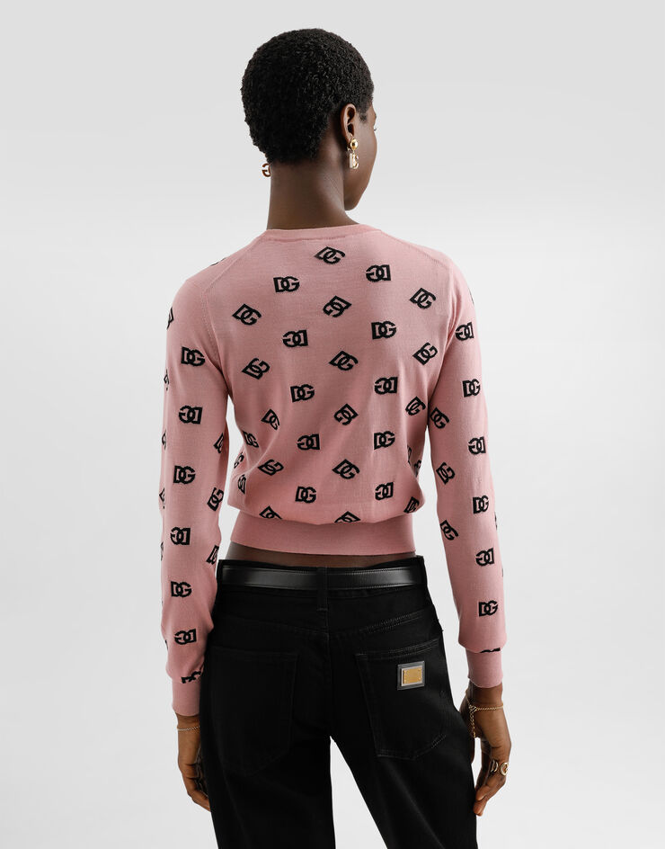 Dolce & Gabbana Wool and silk jacquard sweater with contrasting DG logo Pink FXJ34TJFMGS