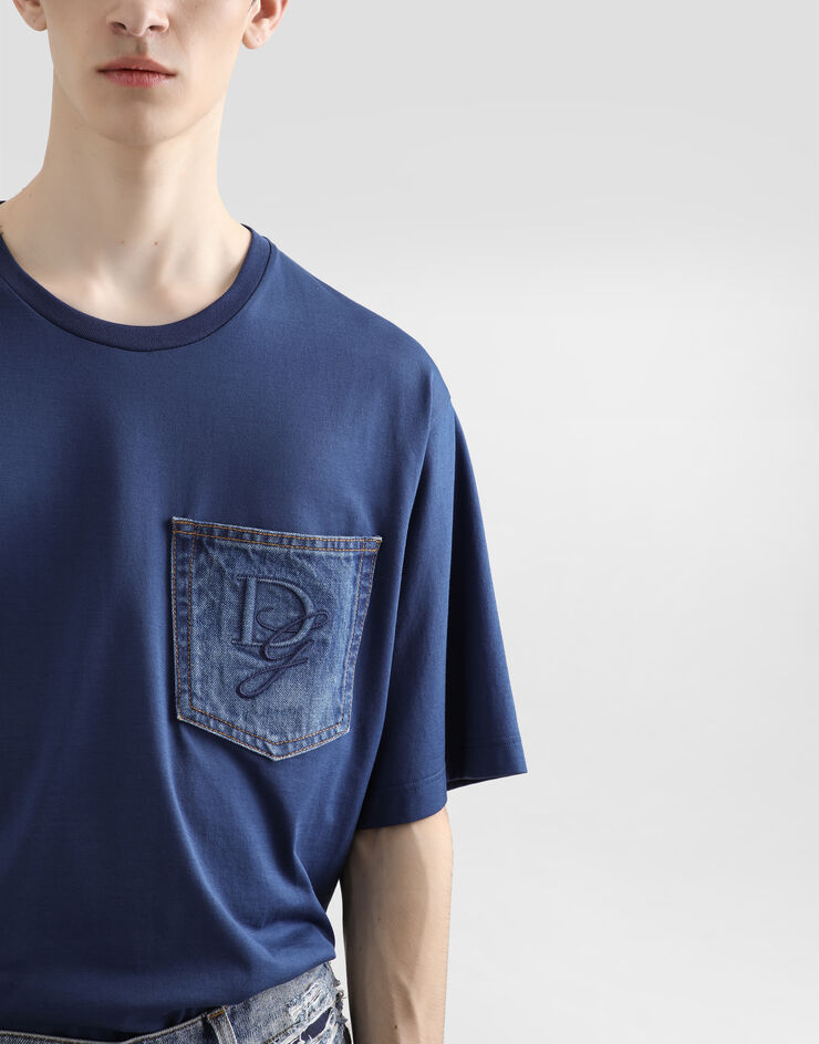Dolce & Gabbana Camiseta de algodón con bolsillito y logotipo bordado Azul G8PN9ZG7O4J