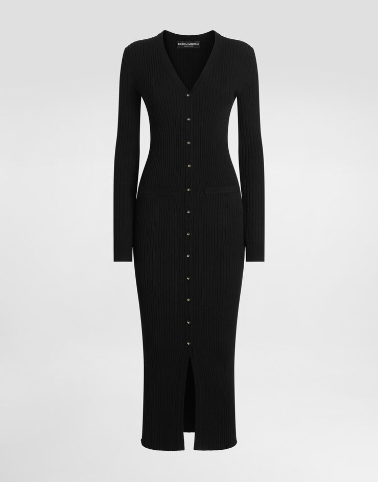 Dolce & Gabbana Langer gerippter Wollcardigan Schwarz FXV37TJCVXG