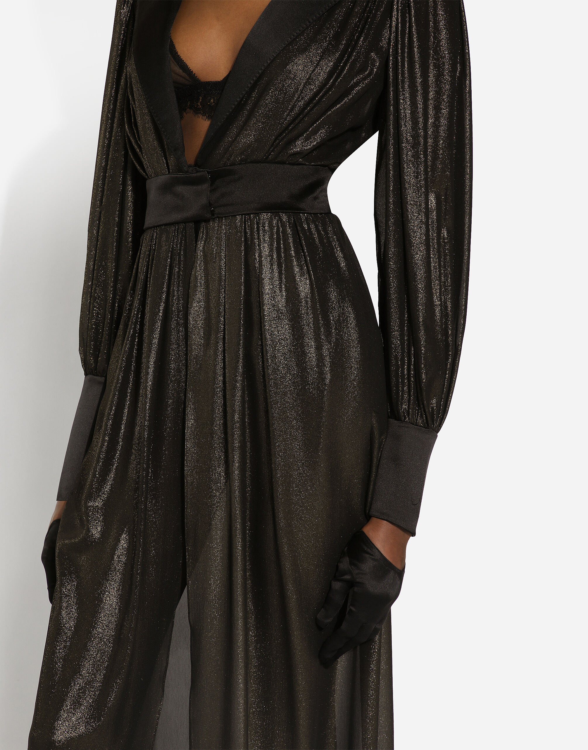 Long foiled silk georgette tuxedo dress in Gold for Women Dolce Gabbana US