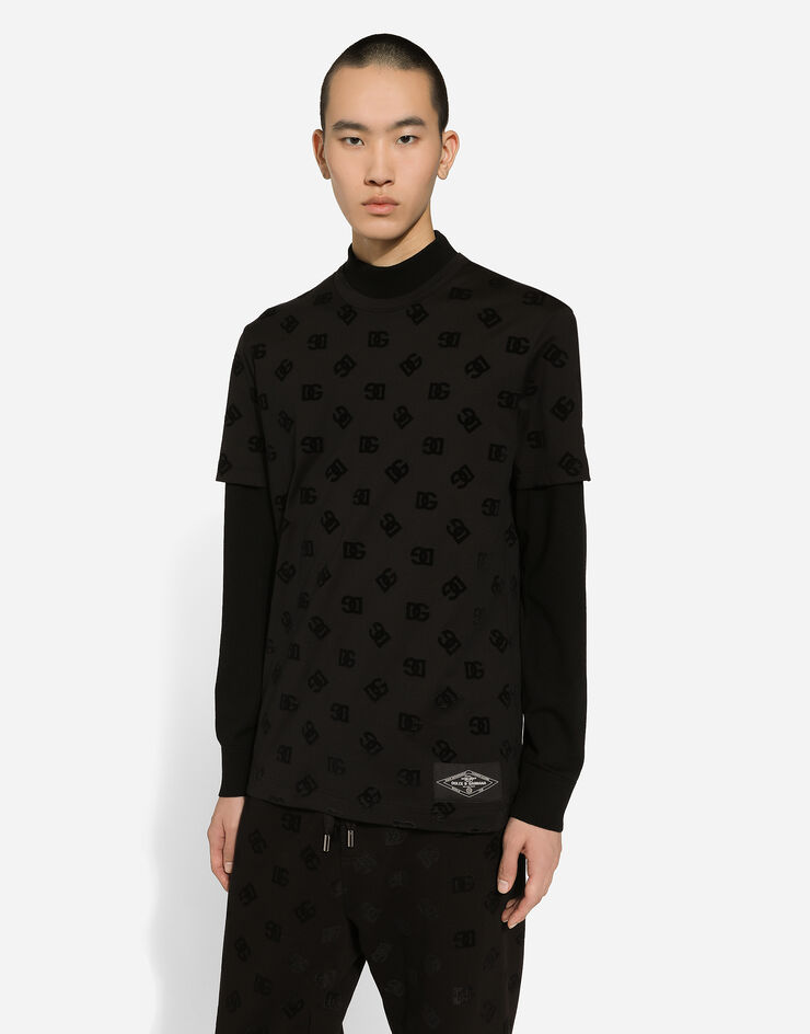 Dolce & Gabbana Cotton T-shirt with all-over flocked DG print Black G8PT1TG7NWE