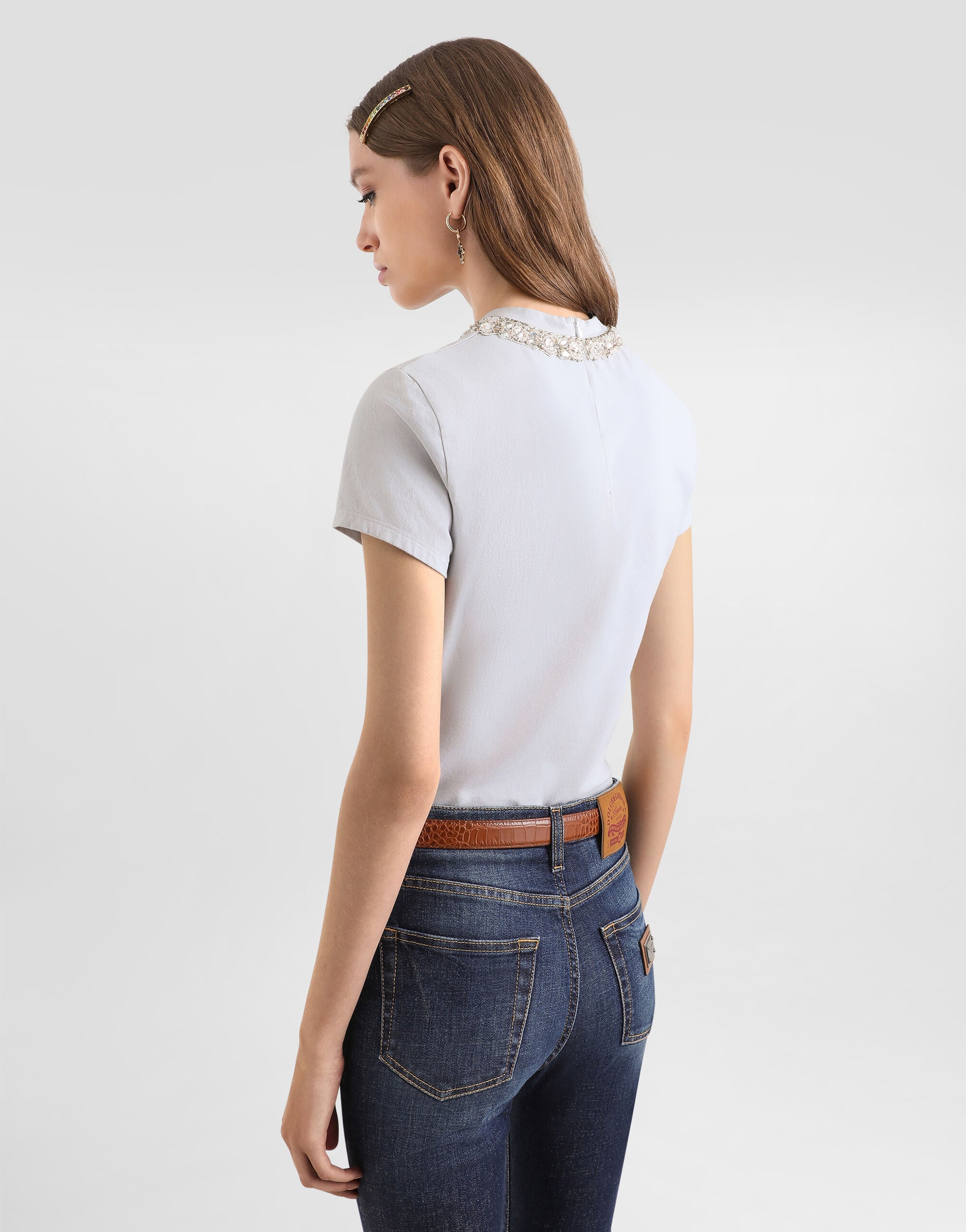 Jersey t-shirt with print and crystals in Grey for Women