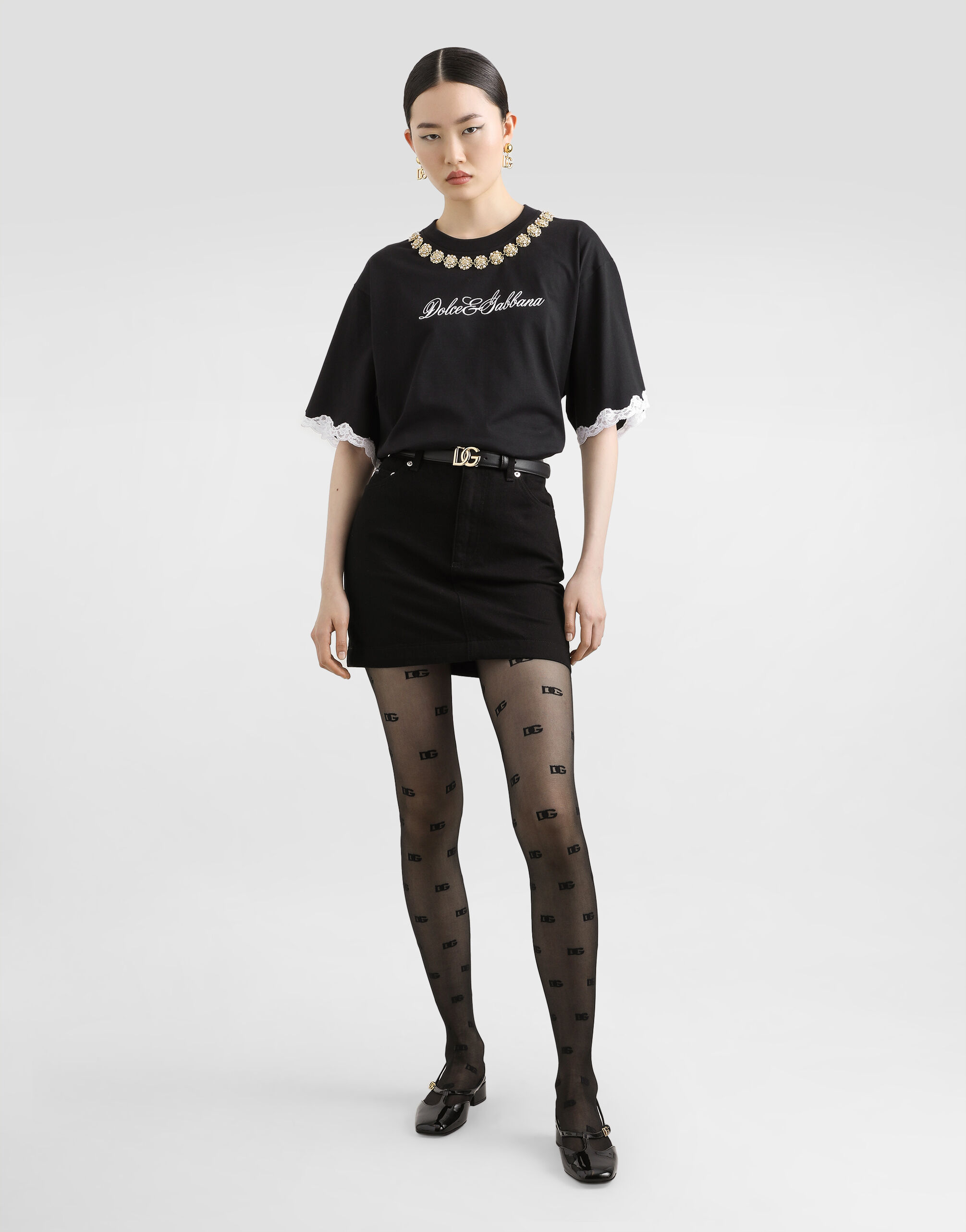 DOLCE&GABBANA - 【Dolce&Gabbana】ドルチェ&ガッパーナ ジャージー・ネックロゴエンブロイダリー Tシャツ ブラック #36 F8T00Z /kt11213ar Blackのウィメンズ エンブロイダリー＆ジュエルチェーン ジャージー T