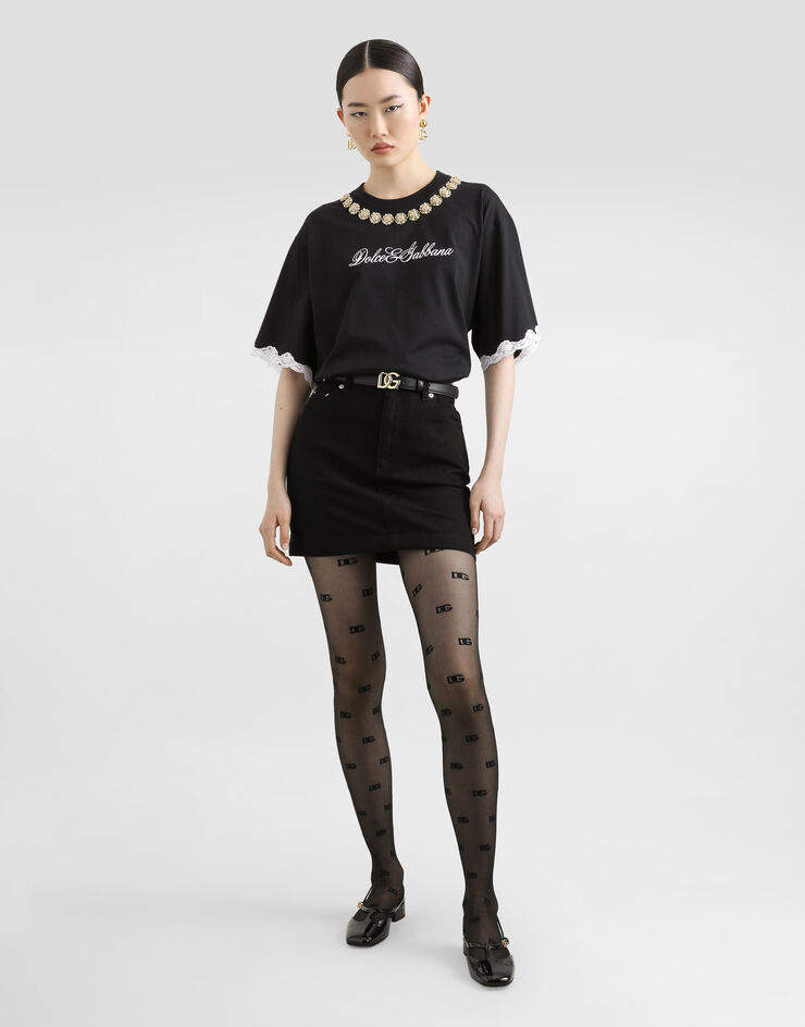 Dolce & Gabbana 珠宝链饰刺绣平纹针织 T 恤 黑 F8V62ZGDC9U