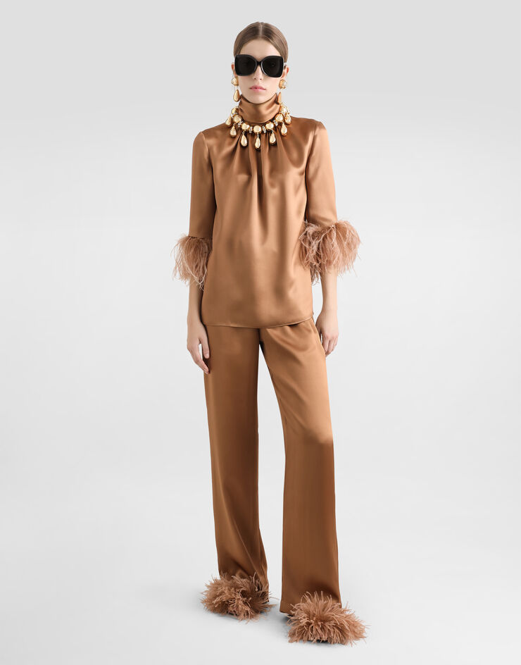 Dolce & Gabbana Double satin turtle-neck top with feathered detailing Beige F7AL6TFU1NU