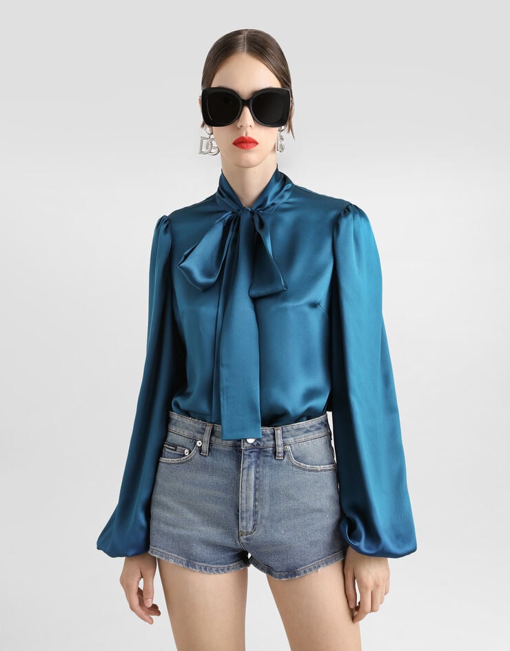 Dolce & Gabbana Silk satin shirt with pussy-bow Azure F5Q44TFU1UU