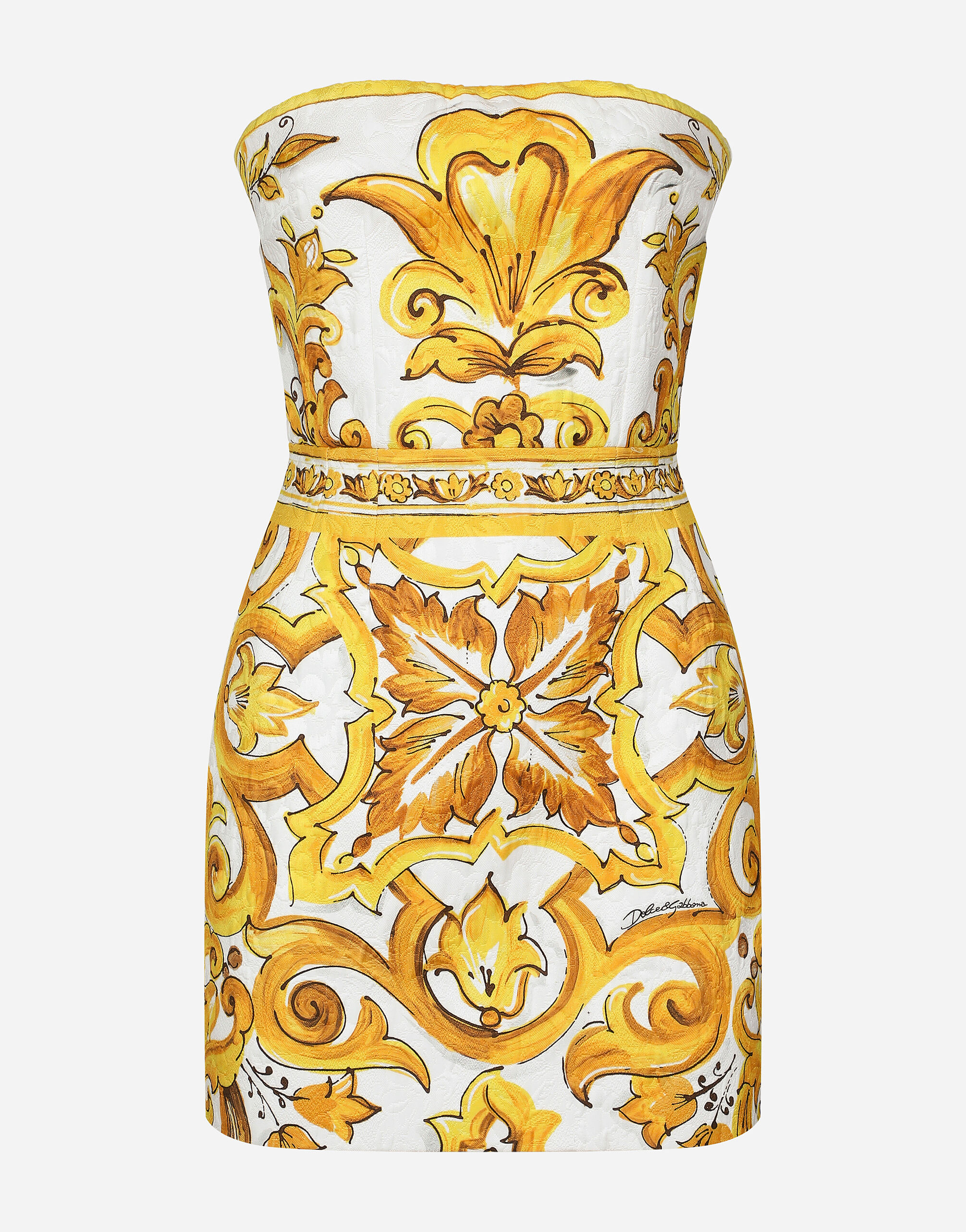 Short dress with corset bodice in majolica-print brocade in