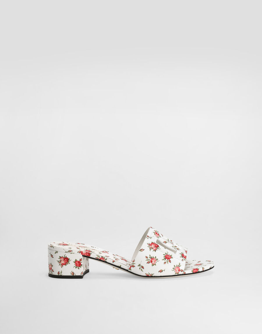 Printed calfskin mules with little roses print