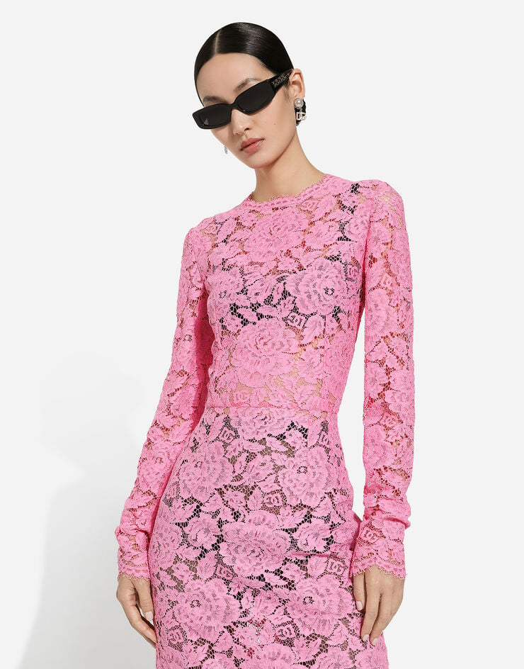 Dolce & Gabbana Robe fourreau en dentelle cordonnet florale à logo Rose F6M0DTHLM7L